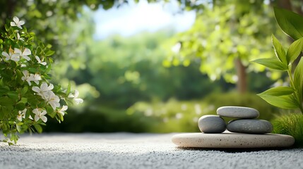 Zen stones stacked on white sand with blooming cherry flowers and green foliage in soft focus background creating peaceful spa atmosphere.