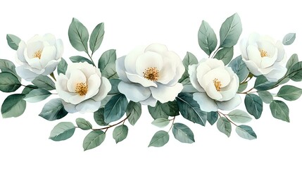 Fototapeta premium Watercolor white roses garland with sage green leaves and buds arranged in horizontal composition on white background, isolated floral design element.