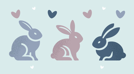 Set of Cute silhouettes of rabbits with flowers and hearts for Easter, vector illustrations.
