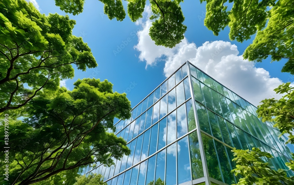 Poster serene canopy view fresh green trees against sky. peaceful nature scene modern architecture reflecti