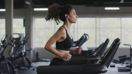 Fototapeta premium Side view of a brunette woman wearing a sports top doing intense cardio exercises on a treadmill with wireless headphones, appearing to be running in an empty gym, highlighting her slim body
