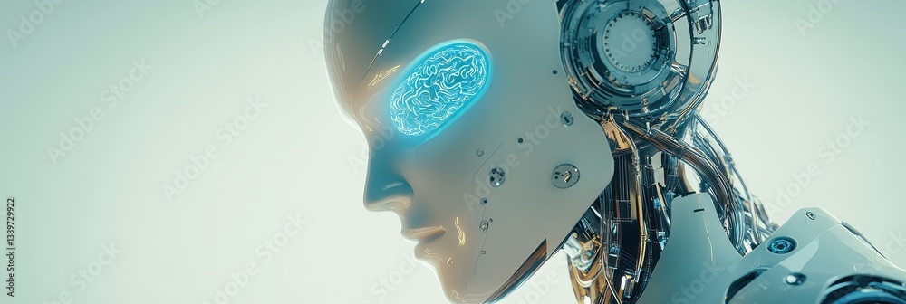 Aufkleber close up of white female robot face with blue light glowing brain on forehead and detailed metallic 