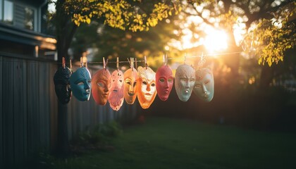 Collection of Colorful Decorative Masks Hanging on Clothesline in a Verdant Yard with Wooden Fence Lit by Golden Sunset Warmth