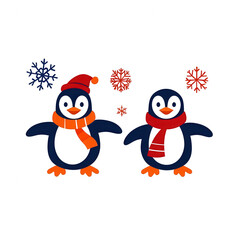 Fototapeta premium Two cute penguins wearing colorful hats and scarves, surrounded by snowflakes. Perfect for winter-themed designs, holiday decorations, or children's illustrations.