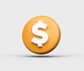3d Orange circular button with a white dollar symbol in the center. 3D Illustration.