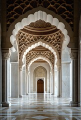 Ornate marble corridor with traditional Islamic architecture featuring pointed arches, geometric patterns, and decorative carvings leads to wooden door in mosque interior.