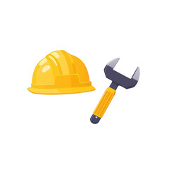Yellow construction helmet and wrench, symbolizing safety and tools for construction work, isolated on white background.