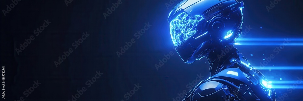 Poster Futuristic Blue Robot Head and Body with Glowing Lights in Dark Background Artificial Intelligence and Technological Advancement in a Digital Cyber Environment