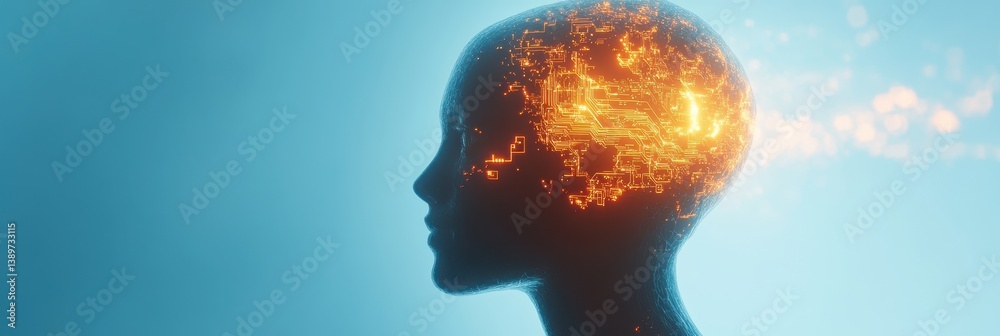 Poster Glowing Digital Brain Silhouette on Blue Background Representing Artificial Intelligence and Neural Network Connectivity with Pixelated Texture and Dot Pattern