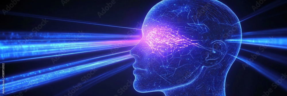 Poster Glowing Head with Blue Light Beams Illustrating Artificial Intelligence and Neural Network Concept on Dark Background