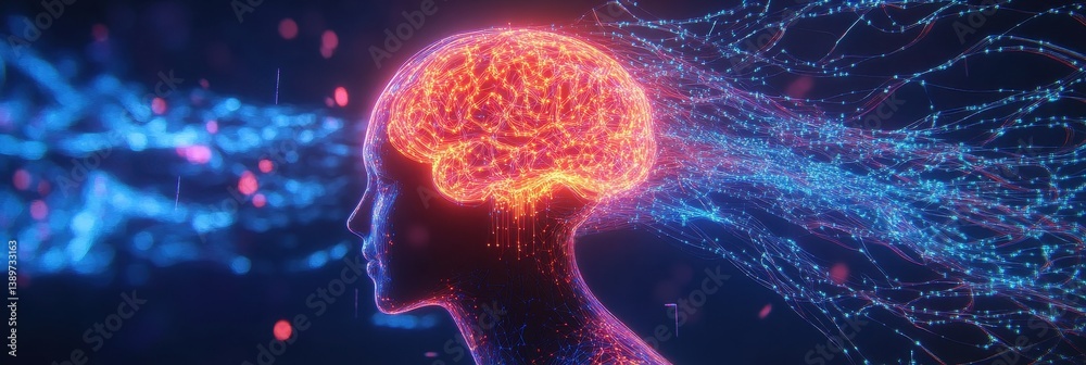 Poster glowing orange brain connected to blue digital network in dark background representing artificial in