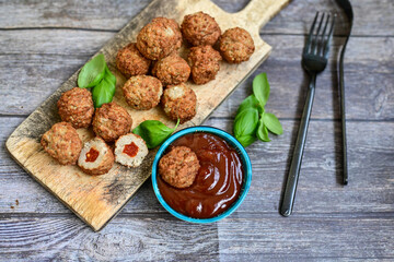 Mini  home made pork  oven baked meatballs with salsa filling.
 Party fingerfood. Diet  ketogenic food.