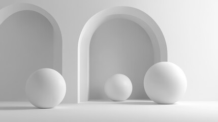 Minimalist white archway room with spheres; background product display