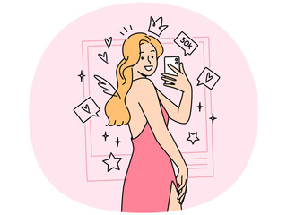 Woman photo model takes selfie in cocktail dress, standing among rating icons from social networks. Girl influencer smiles and takes selfie on mobile phone camera for avatar on dating site