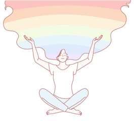 A tranquil and serene illustration depicts a woman deeply meditating, surrounded by flowing, rainbowcolored hair