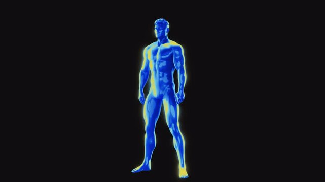 A looping animation of a male 3D character performing air squate, rendered in a shimmering iridescent style with an embedded alpha for easy drag and drop.