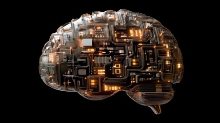 A digital brain made of glowing circuits on a black background represents advanced artificial intelligence and neural networks.