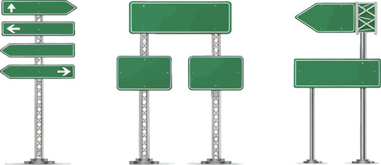 Collection of blank green road signs ready for directional information.