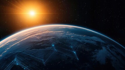 Obraz premium Earth with glowing network representing digital technology concept. A stunning view of Earth illuminated by the rising sun.
