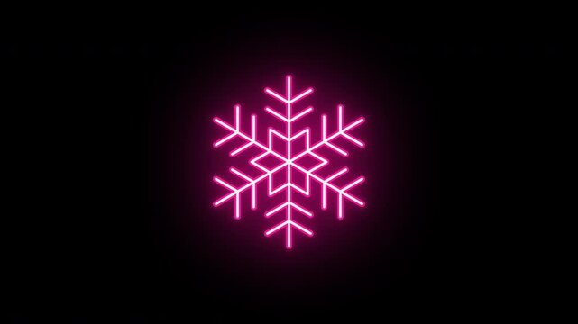 Neon snowflake icon animation, flickering emergence and fading. Glowing neon snowflake sign, looped animation. Snow flakes, winter time, frost, cold season, frozen star. Red pink magenta colors
