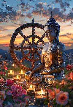 Buddha statue under the evening sky with clouds surrounded by candles and bright flowers against the background of the wheel of samsara - a symbol of Buddhism and the Vesak holiday.