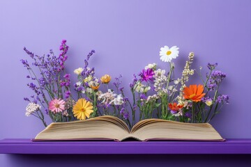 An open book with growing vibrant flowers and a purple background