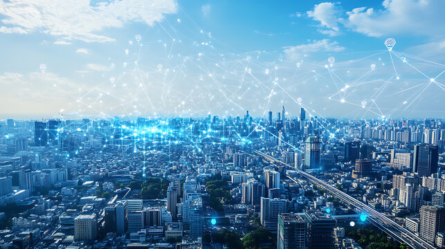 An AI powered environmental sensor network, real-time data collection on air quality and pollution levels across urban areas, Environmental tech style