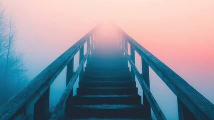 Obraz premium Misty Staircase Leading to Ethereal Light in Foggy Environment