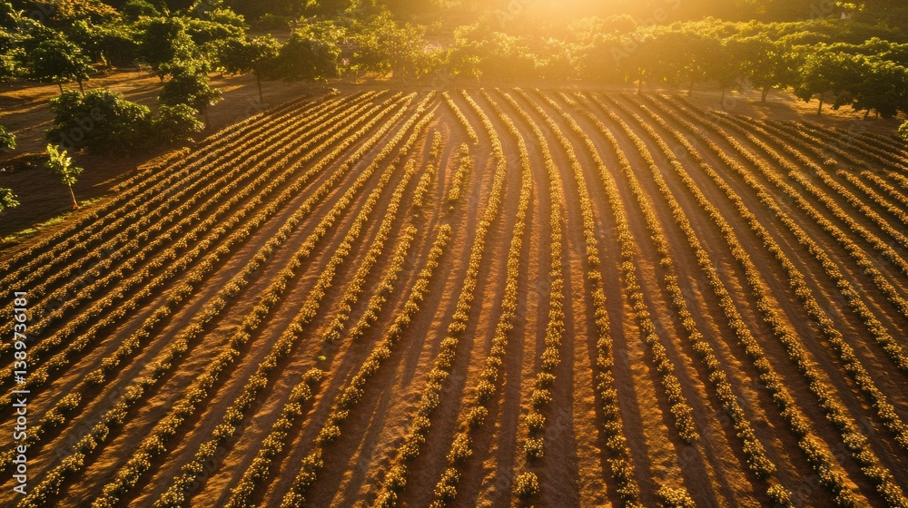 Poster expansive aerial view of coffee drying patio showcasing golden beans under soft sunlight and geometr