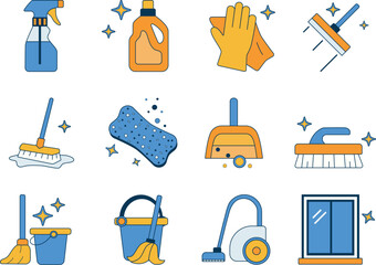 Set of 12 icons of cleaning products and items for cleaning. Cleaning icons.