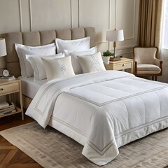 bed in hotel room, bed with pillows, White linen duvet bed furniture cushion.