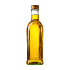 A clear glass bottle filled with golden oil, showcasing its vibrant color and smooth contours.