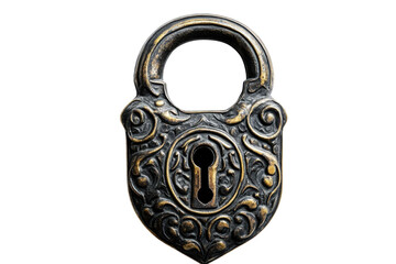 Antique ornate padlock dark bronze detailed keyhole isolated white background vintage lock security