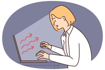Woman is typing on keyboard, stretching hands to laptop that negatively affects health or psyche