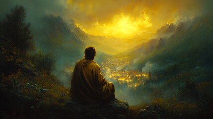 Saint Joseph on a hillside at dusk, kneeling in deep prayer as celestial light bathes the town below, fires and sorrow replaced with peace and warmth. Renaissance oil painting, dramatic contrast,