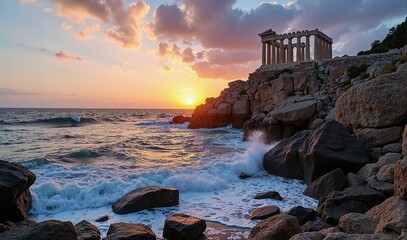 A photograph of a beautiful sunset over the ocean with temple ruins on a cliff in the foreground. The sky is bright orange and pink as the sun sets over the horizon. 