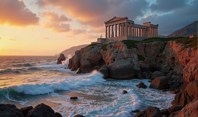 Ancient Greek temple on a rocky sea cliff at sunset, dramatic coastal landscape, waves crashing against rocks, historic architecture, travel destination, Mediterranean atmosphere, golden light.