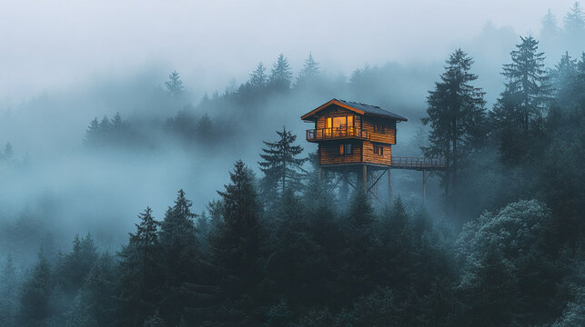 cozy firewatch tower home glows amidst misty pine forest