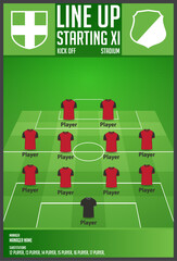 Infographic for football or soccer match lineups formation. Set of football player positions on soccer field. Football kit with soccer jersey icons in flat design. © tondruangwit