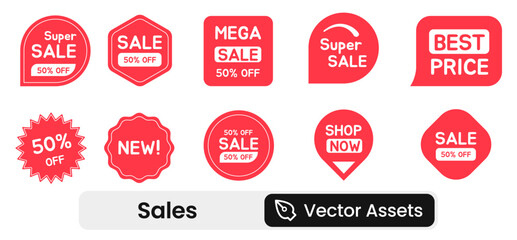 Set of vector red starburst, sunburst badges. Simple flat style vintage labels, stickers with sale discount text. Sale quality tags and labels. Template banner shopping badges.