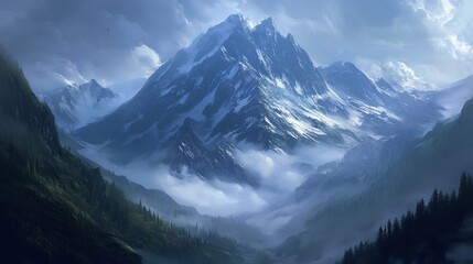 Naklejka premium Majestic Snow-Capped Mountains: A Serene Digital Painting