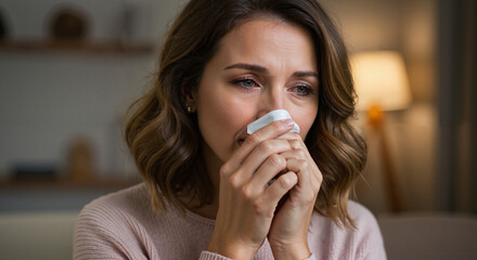 Woman blowing nose due to nose congestion issues