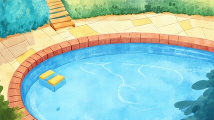 Bright sunlight reflects off the shimmering water in the swimming pool, which is bordered by colorful tiles and greenery. Two yellow floats rest gently on the surface, inviting relaxation
