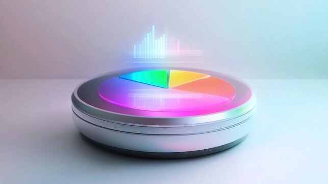 Futuristic pie chart with holographic data visualization on a metallic platform.