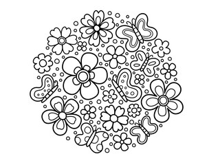 butterfly and flowers doodle , thick black outlines for kid coloring book coloring page doodle art in white background. 