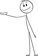 Person with empty outstretched hand or palm showing or offering something, vector cartoon stick figure or character illustration.