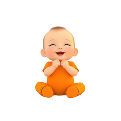 A cheerful cartoon baby in an orange outfit, sitting on the floor with a big smile, radiating joy and innocence. Perfect for children's themes and playful designs.
