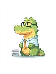 Obraz premium A cheerful cartoon alligator wears glasses, a button-up shirt, and a tie while sitting at an office desk
