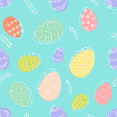 Seamless Easter pattern with colorful decorative eggs. Minimalist pattern with pastel colors and floral details
