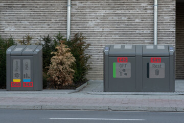 Waste separation, waste separation in belgium, meanings in dutch, Clean and tidy recycling bins on...